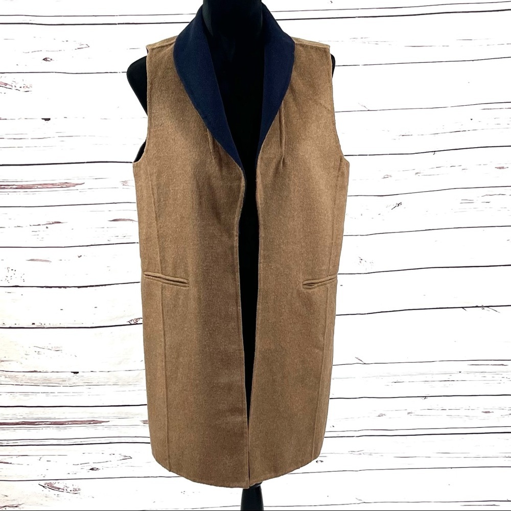 Talbots Double Faced Open Vest Long Shawl Collar Tan/Blue Wool Blend Size S‎ - Picture 1 of 10